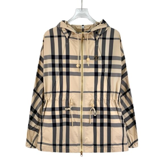 Burberry Brown Checkered Hooded Drawstring Zip-Up Long Sleeve Jacket